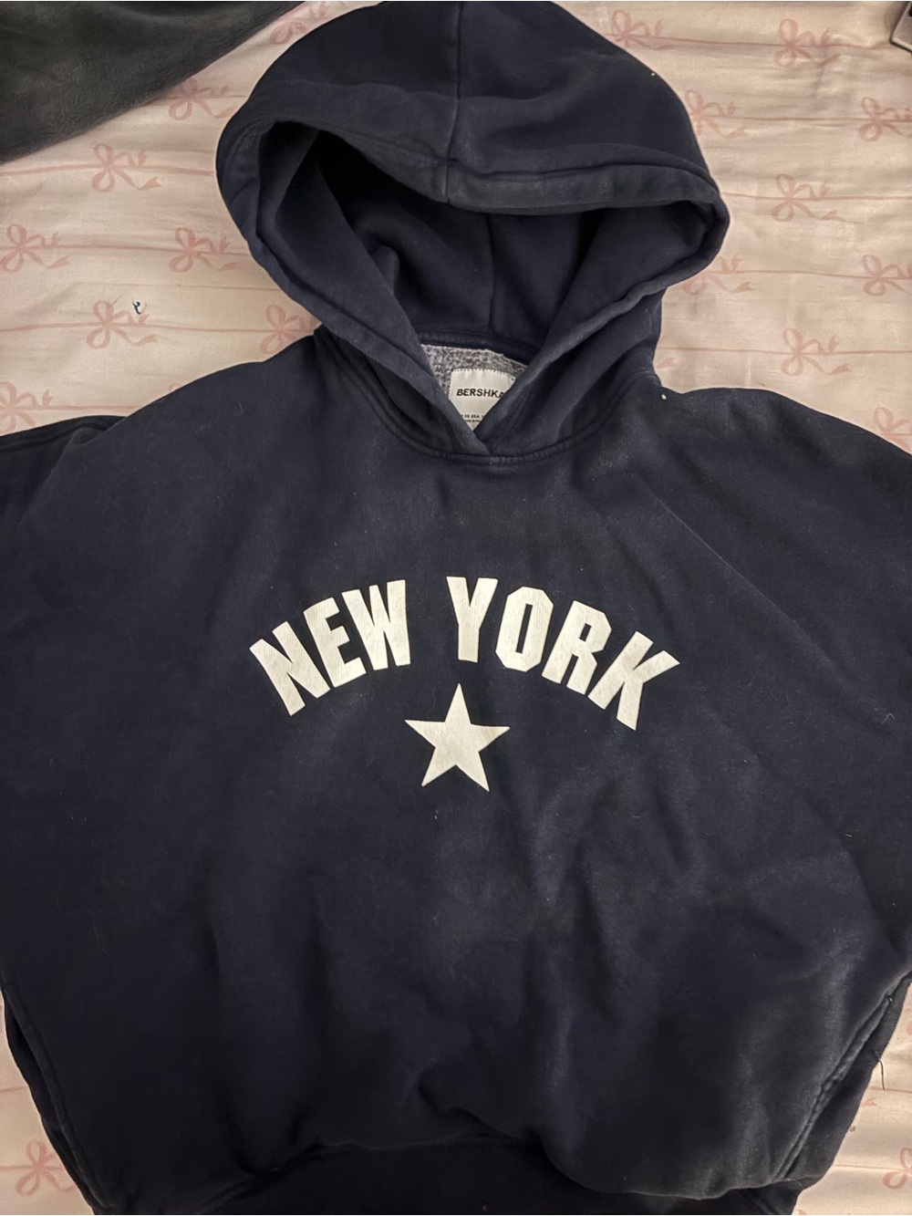 Bershka Navy Crewneck Hoodie with White "NEW YORK" Graphic